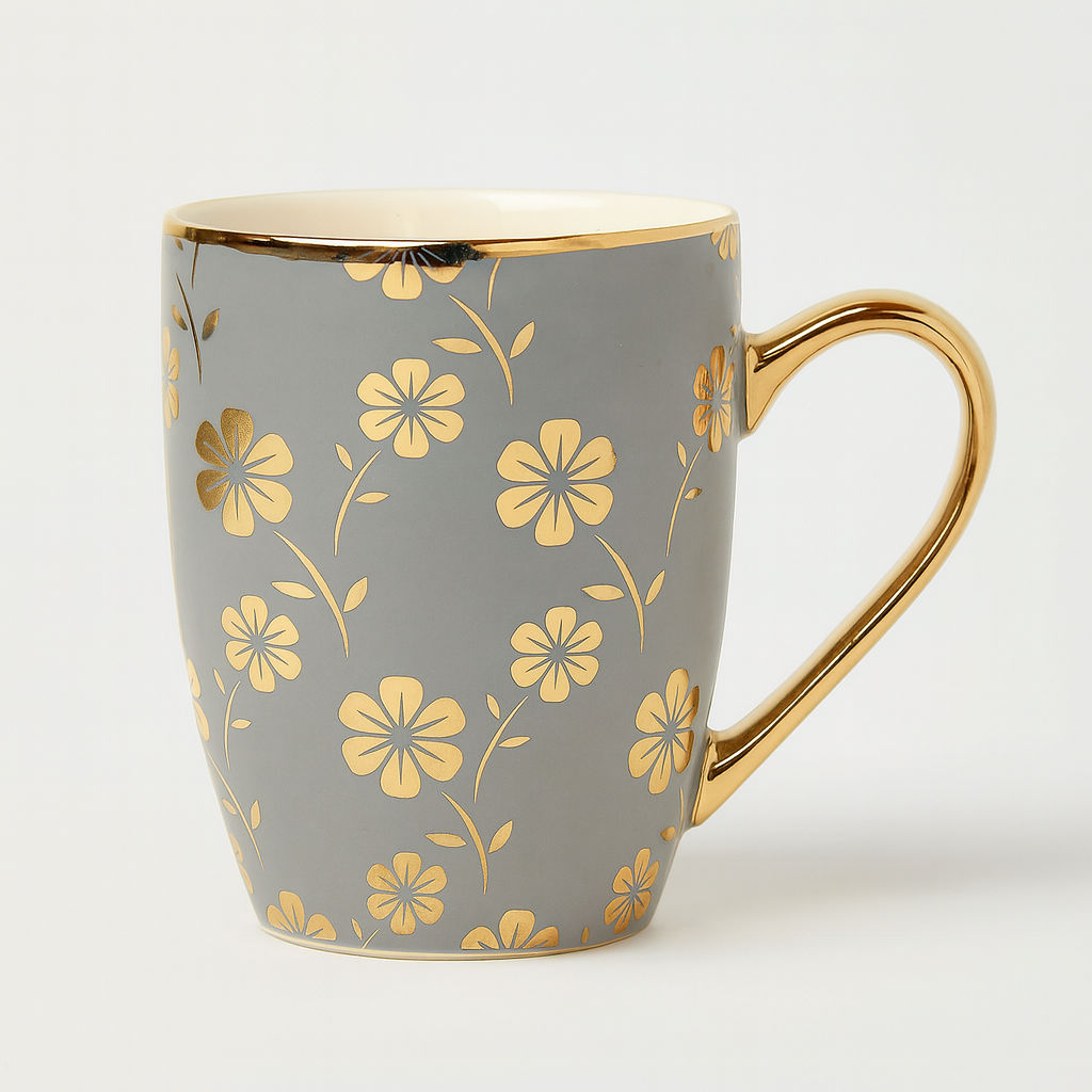 1Pc Ceramic Coffee Mug with Gold Handle – Elegant Floral Print Tea & Coffee Cup Grey