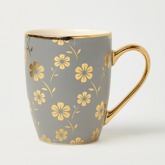 1Pc Ceramic Coffee Mug with Gold Handle – Elegant Floral Print Tea & Coffee Cup Grey