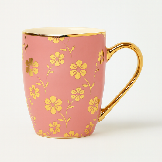 1Pc Ceramic Coffee Mug with Gold Handle – Elegant Floral Print Tea & Coffee Cup Pink