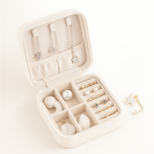 1Pc Elegant Travel Jewelry Box Organizer White – Compact PU Leather Storage Case for Earrings, Rings & Necklaces