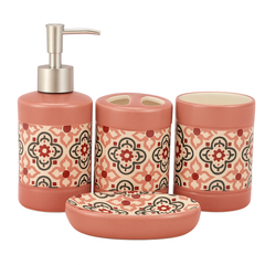 4-Piece Ceramic Bath Set – Floral Mosaic Design in Green & Pink | Elegant Bathroom Accessory Set