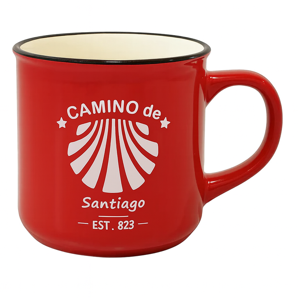 Camino de Santiago Enamel-Style Ceramic Mug – Travel-Inspired Coffee & Tea Cup in Red