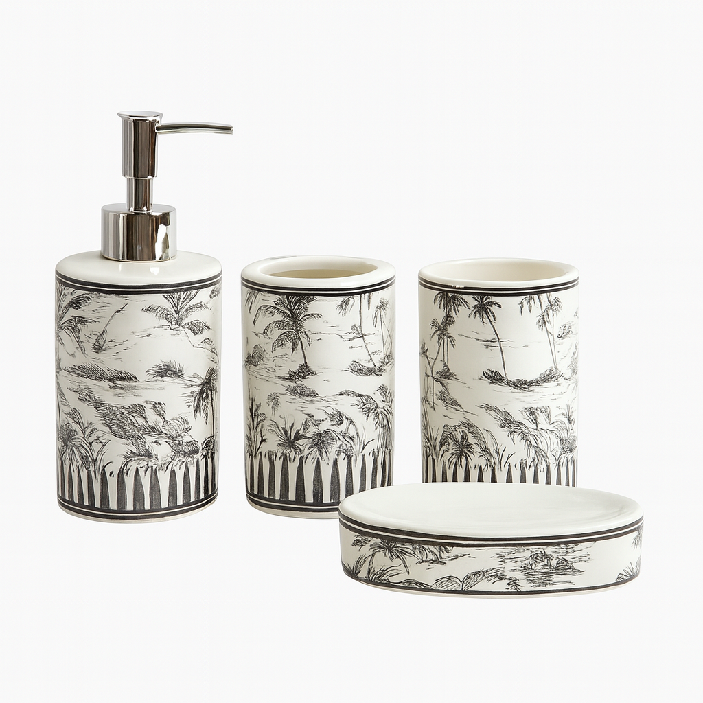 Elegant 4-Piece White Ceramic Bathroom Set with Silver Pump & Golden Accents | Crane Design Soap Dispenser, Toothbrush Holder, Tumbler & Soap Dish