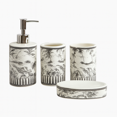 Elegant 4-Piece White Ceramic Bathroom Set with Silver Pump & Golden Accents | Crane Design Soap Dispenser, Toothbrush Holder, Tumbler & Soap Dish