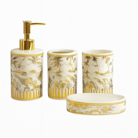 Elegant 4-Piece White Ceramic Bathroom Set with Silver Pump & Golden Accents | Crane Design Soap Dispenser, Toothbrush Holder, Tumbler & Soap Dish