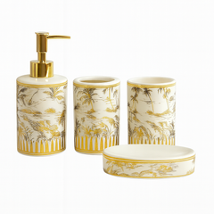 Elegant 4-Piece White Ceramic Bathroom Set with Silver Pump & Golden Accents | Crane Design Soap Dispenser, Toothbrush Holder, Tumbler & Soap Dish