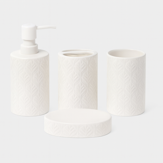 Modern 4-Piece Black & White Ceramic Bathroom Set with Geometric Leaf Design | Soap Dispenser, Toothbrush Holder, Tumbler & Soap Dish