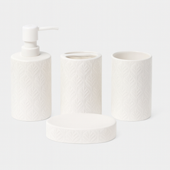 Modern 4-Piece Black & White Ceramic Bathroom Set with Geometric Leaf Design | Soap Dispenser, Toothbrush Holder, Tumbler & Soap Dish