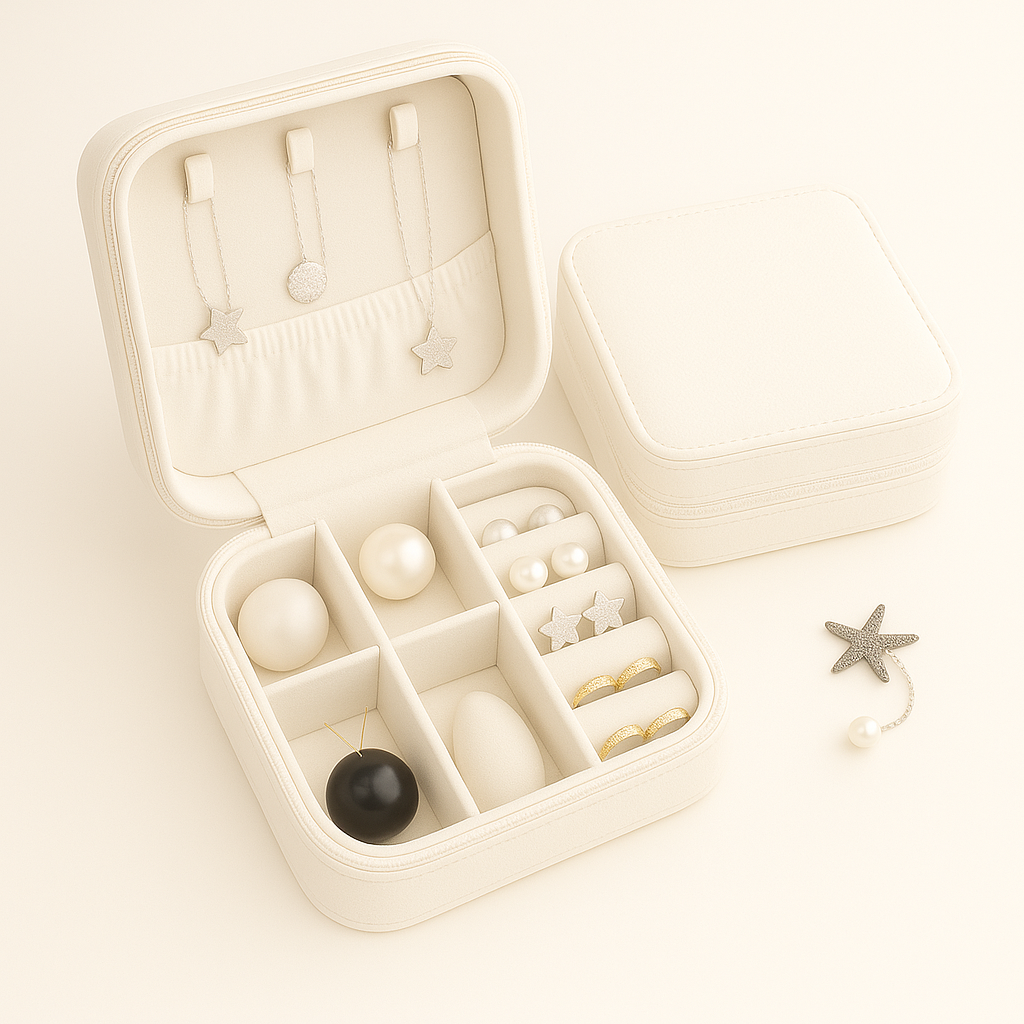 1Pc Elegant Travel Jewelry Box Organizer White – Compact PU Leather Storage Case for Earrings, Rings & Necklaces