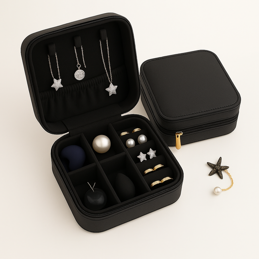 1Pc Elegant Travel Jewelry Box Organizer Black – Compact PU Leather Storage Case for Earrings, Rings & Necklaces