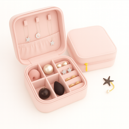 1Pc Elegant Travel Jewelry Box Organizer Pink – Compact PU Leather Storage Case for Earrings, Rings & Necklaces