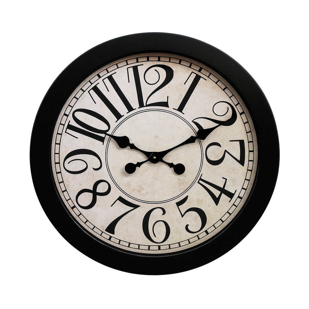 Classic LETEX 24" Wall Clock – Black Plastic Frame with Vintage Cream Dial