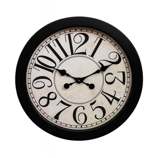 Classic LETEX 24" Wall Clock – Black Plastic Frame with Vintage Cream Dial