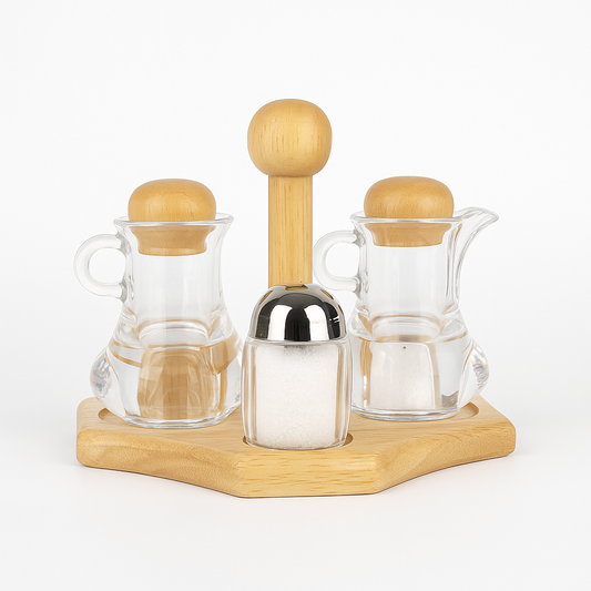 Salt & Oil Bottle Set – 4 Pcs Acrylic with Wooden Base & Lids