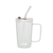 250ml Straw Glass – Clear Textured Borosilicate with Handle, Lid & Reusable Straw - Habitt