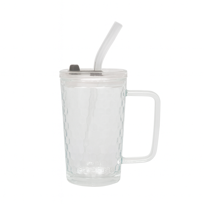250ml Straw Glass – Clear Textured Borosilicate with Handle, Lid & Reusable Straw - Habitt
