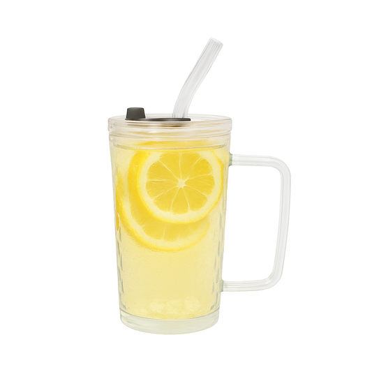 250ml Straw Glass – Clear Textured Borosilicate with Handle, Lid & Reusable Straw