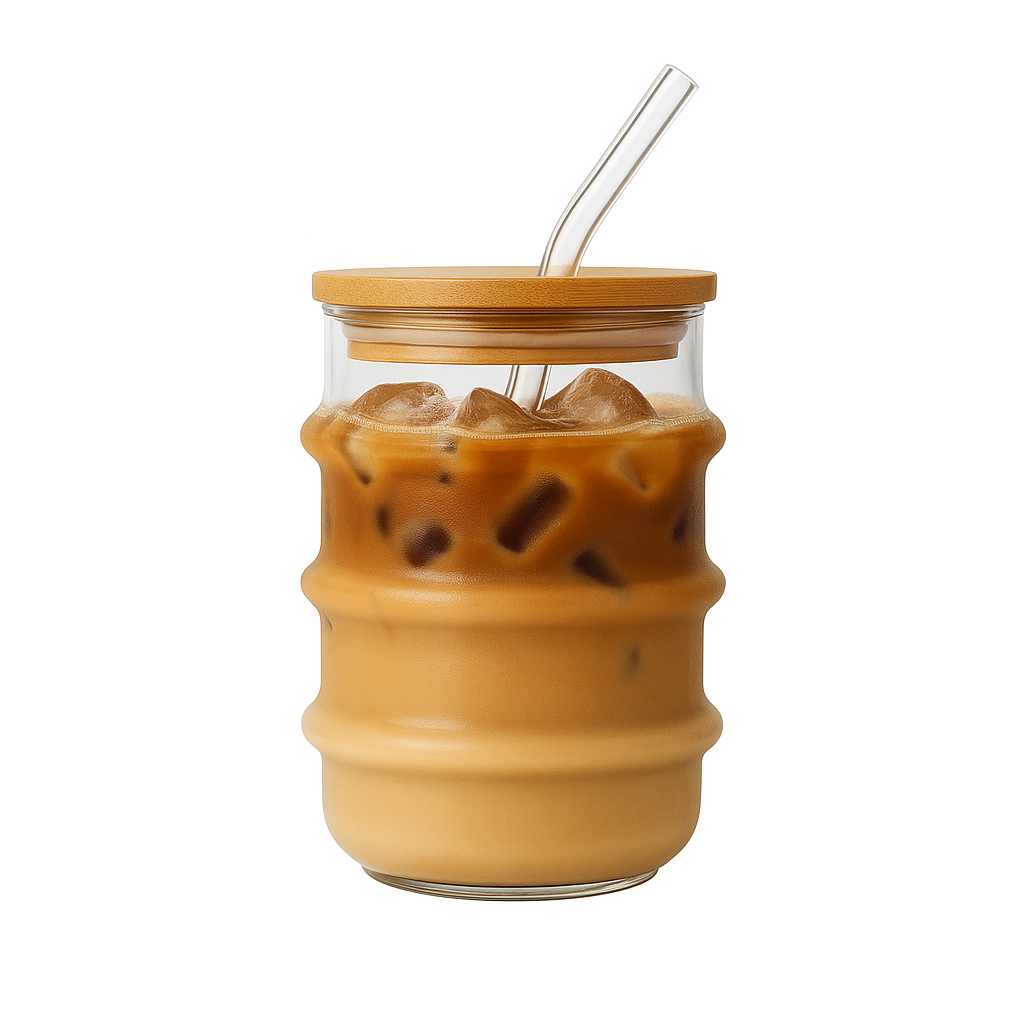 500ml Straw Glass – Clear Borosilicate with Wooden Lid & Reusable Straw