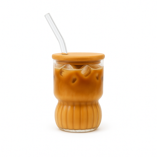350ml Straw Glass – Clear Borosilicate with Wooden Lid & Reusable Straw (Curved Design)