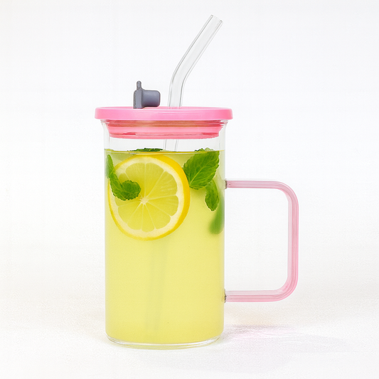 250ml Straw Glass – Clear Borosilicate with Handle, Lid & Reusable Straw (Pink & Black)