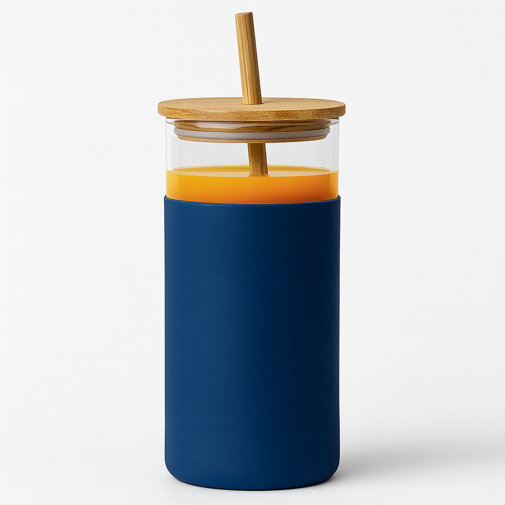 1Pc 500ml Straw Glass Bottle – Reusable with Wooden Lid & Silicone Sleeve (Green, Pink, Blue, Beige)