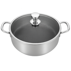 Stainless Steel Shallow Pot with Double Handles & Lid | 26cm, 28cm & 32cm | Non-Stick Honeycomb Cookware for Gas & Induction