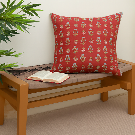 Shalimar Buta Cushion Cover 18x18 – Traditional Floral Red Cotton Throw Pillow Cover