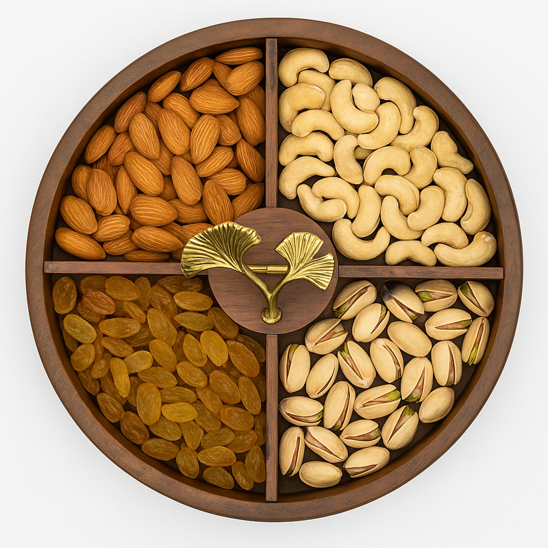 Round Wooden Dry Fruit Box – Glass Lid with Golden Leaf Handle - Habitt