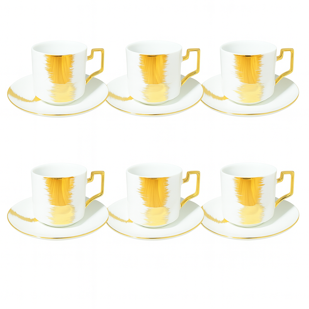 12Pcs 6 person Cup & Saucer Set 220ml – White & Gold (Brush Pattern)