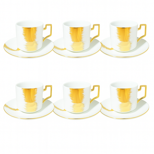 12Pcs 6 person Cup & Saucer Set 220ml – White & Gold (Brush Pattern)