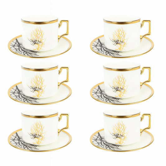 12Pcs 6 person Cup & Saucer Set – White & Gold (Tree Design)