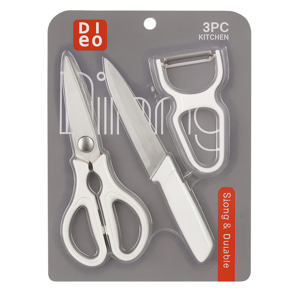 3 Pcs  Kitchen Knife, Scissors & Peeler Set – White, Green, Pink