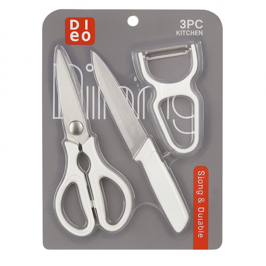 3-Piece Kitchen Knife, Scissors & Peeler Set – White, Green, Pink