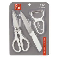 3 Pcs  Kitchen Knife, Scissors & Peeler Set – White, Green, Pink