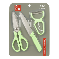 3 Pcs  Kitchen Knife, Scissors & Peeler Set – White, Green, Pink