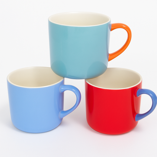 1pc Ceramic Coffee Mug – Color Variants with Red, Blue & Orange Handles – Stylish Tea & Coffee Cups