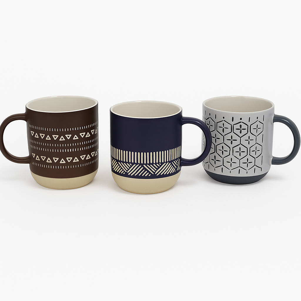 1pc 360ml Ceramic Mug with Geometric Patterns – White, Blue & Black Variants – Modern Coffee & Tea Cups - Habitt