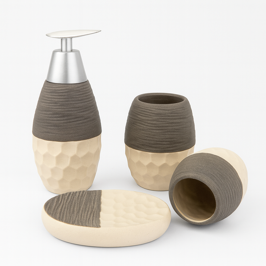 4 Pcs Bathroom Set – Soap Dispenser, Toothbrush Holder, Tumbler & Soap Dish – Modern Ceramic Design (Black-Beige / Grey-Beige)