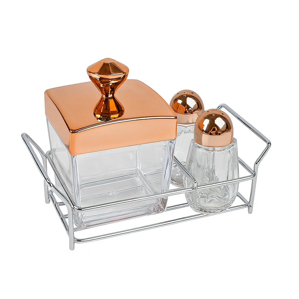 1Pc Salt & Sugar Pot Set – 3 Pcs Acrylic in Gold, Rose Gold & Silver