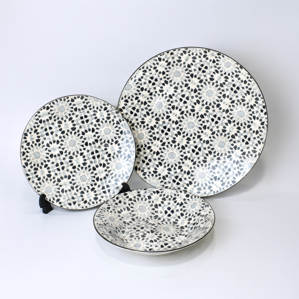 6 Person 18-Piece Grey Floral Medallion Plate Set – Elegant Ceramic Dinnerware Collection