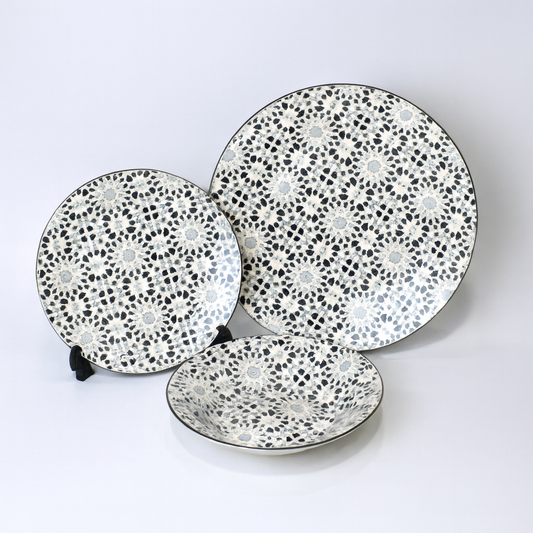 6 Person 18-Piece Grey Floral Medallion Plate Set – Elegant Ceramic Dinnerware Collection