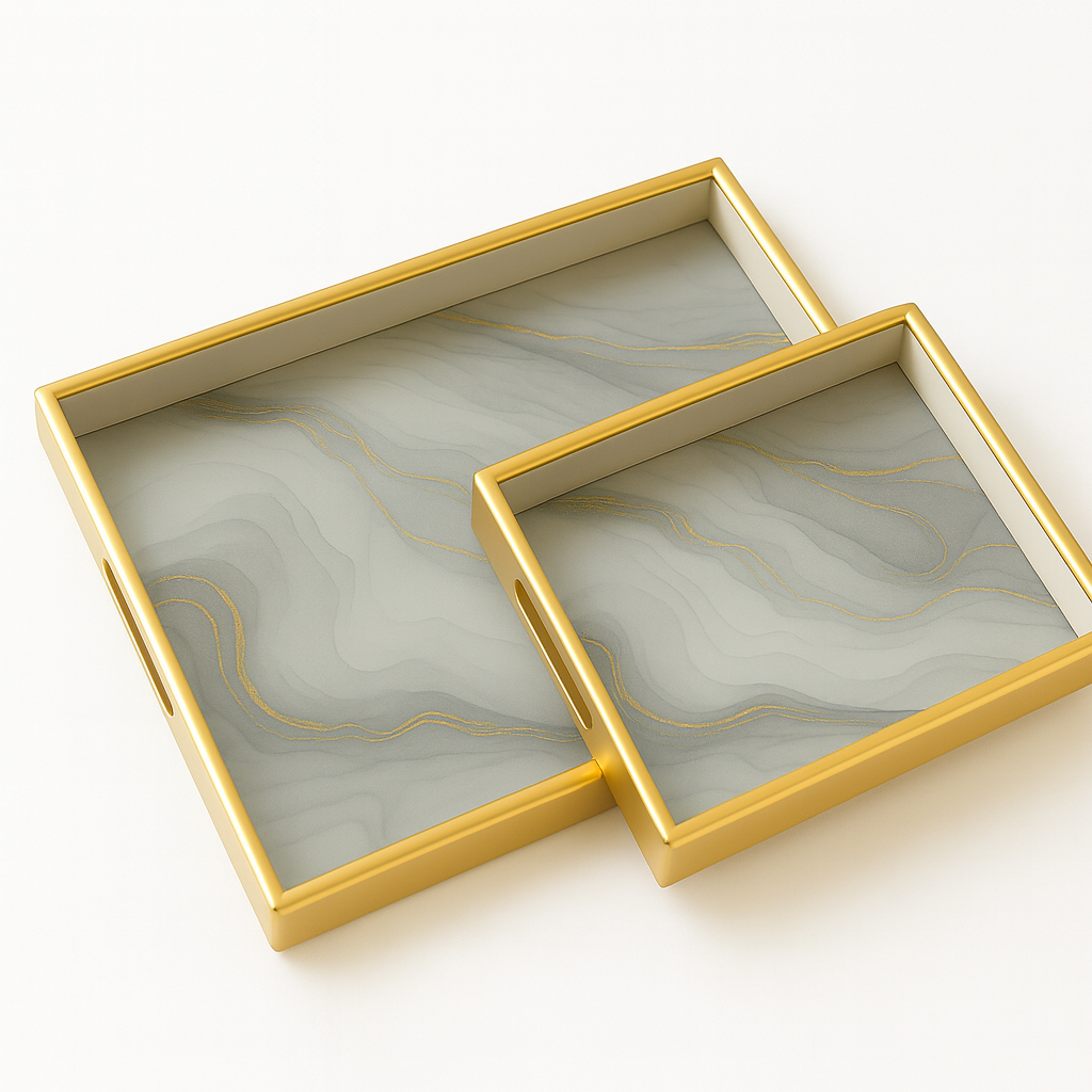 2 Pcs Glass Tray Set – Marble Design with Golden Frame - Habitt