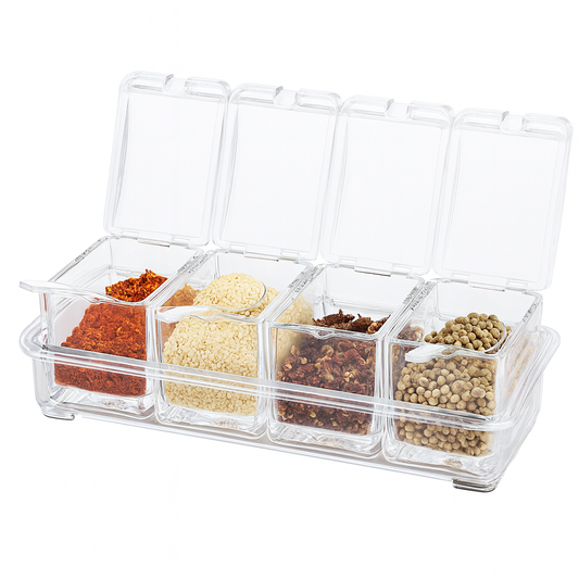 Crystal Seasoning Box – Transparent Spice Organizer with 4 Compartments & Lids for Kitchen Storage