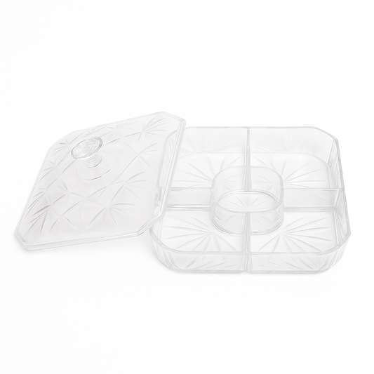 Blink Acrylic Dry Fruit Dish – 5 Compartment Transparent Serving Box with Lid
