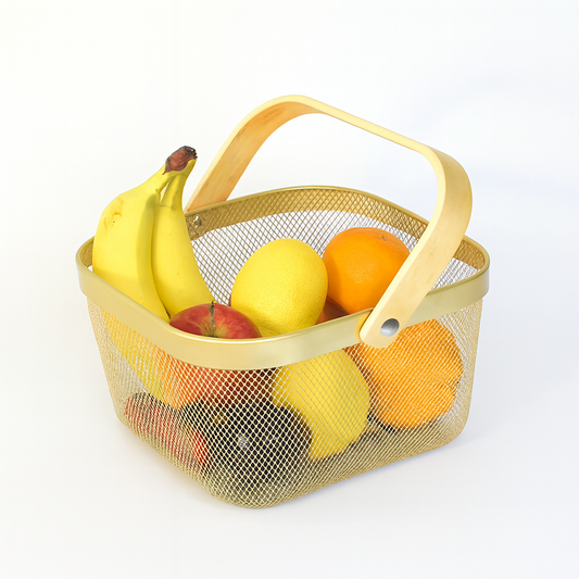 Fruit Basket with Bamboo Handle – 10 × 8 Inch (Gold)