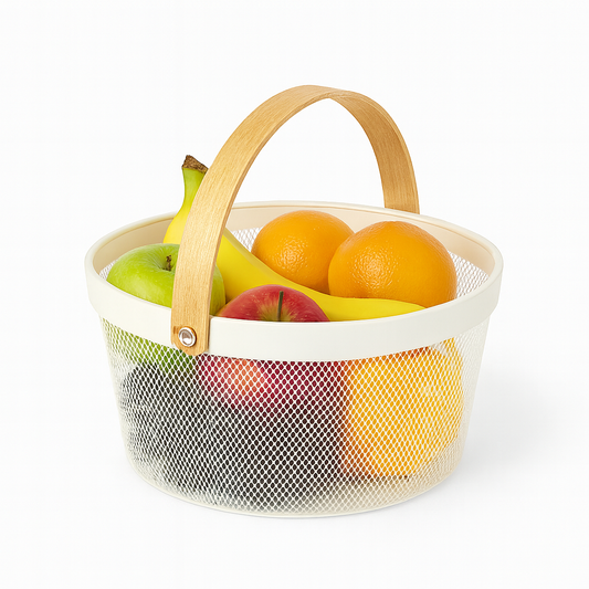 Fruit Basket with Bamboo Handle – 10 × 7 Inch (White)
