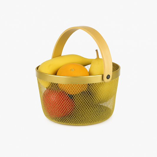 Fruit Basket with Bamboo Handle – 10 × 7 Inch (Gold)