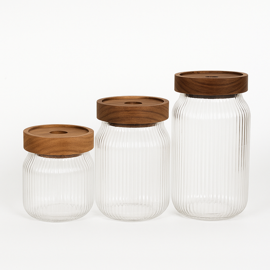 3 Pcs Glass Jar Set with Wooden Lid – Ribbed Airtight Kitchen Storage Containers (KDJ-03)