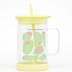 1Pc Cute Printed Glass with Handle & Straw – Drinking Cup