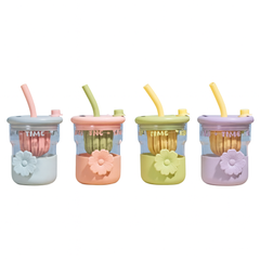 1Pc Cute Flower Glass with Straw & Lid – 1 Pc Drinking Cup (Purple, Blue, Pink, Green)